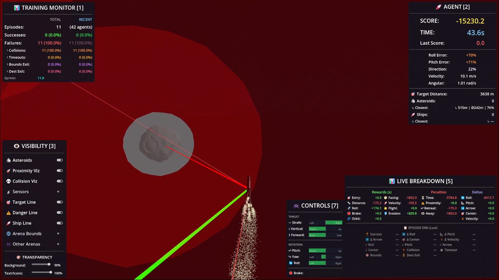 Agent training environment in Godot with the learning setup visible.