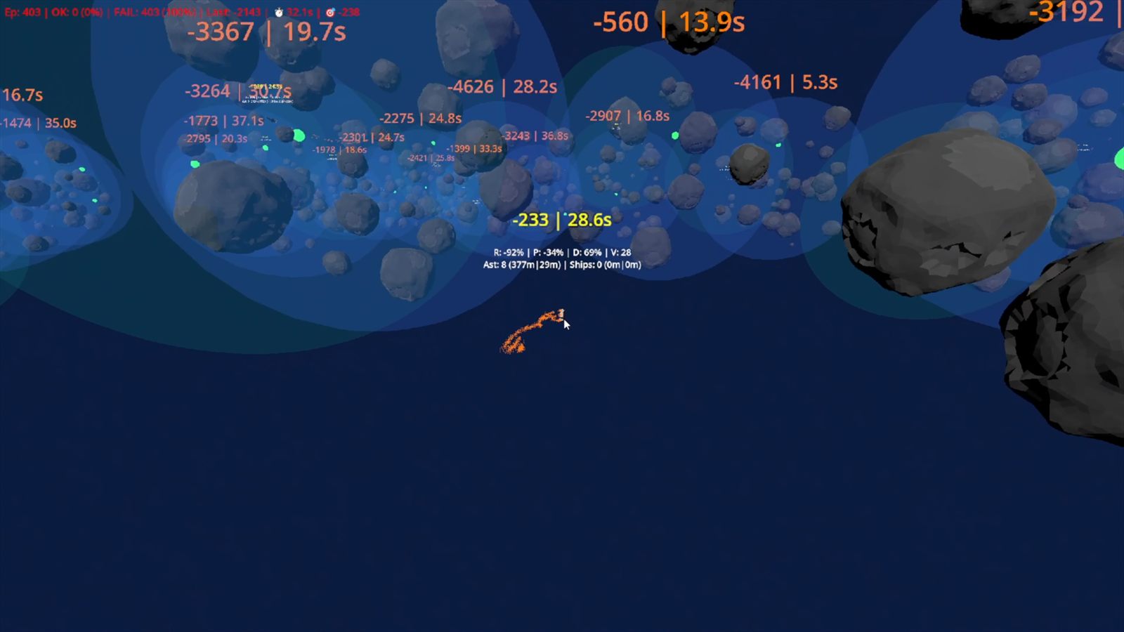 Spaceship agent navigating through an asteroid field during training.