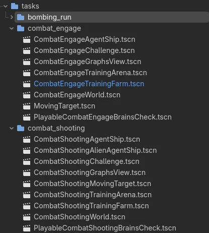Godot scene tree showing the separate Combat Engage and Combat Shooting training scenes.
