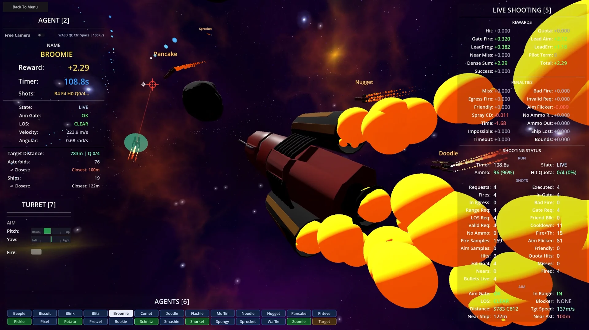 Combat Shooting training arena with turret controls, ballistic aiming markers, reward breakdown and live projectiles.