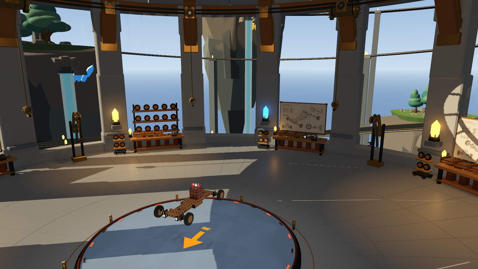 The new garage under construction, with crystal lamps, workbenches, panoramic windows, and a cart on the central platform.