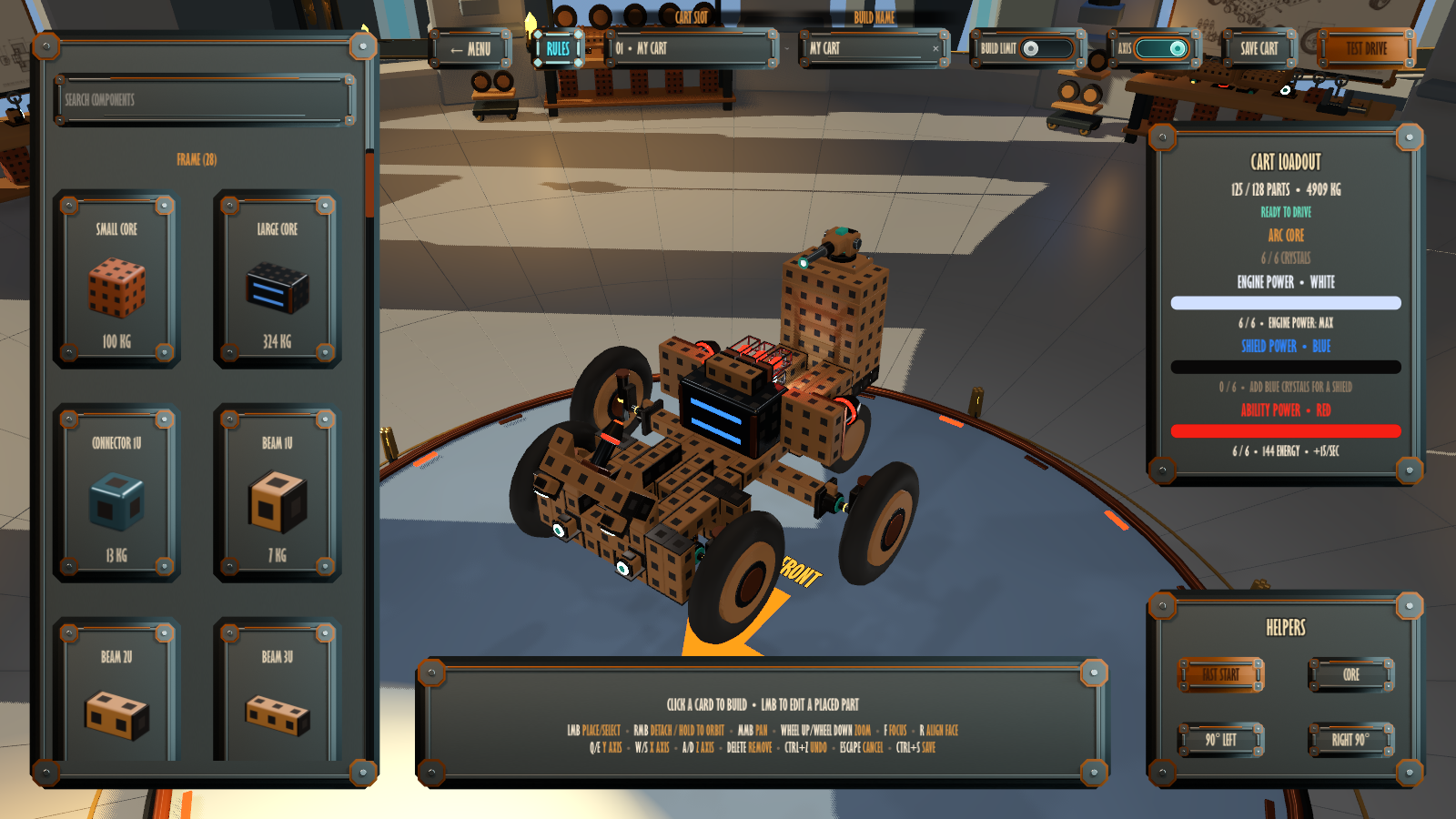 A 125-part cart in the new fantasy garage builder, with its parts palette and crystal power allocation visible.