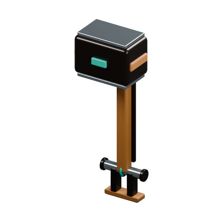 Render of the heavy physical cart hammer, with its long arm and pivot mount.