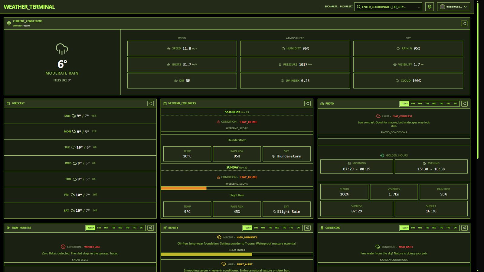 Weather Terminal homepage showing the main forecast layout and overview cards.