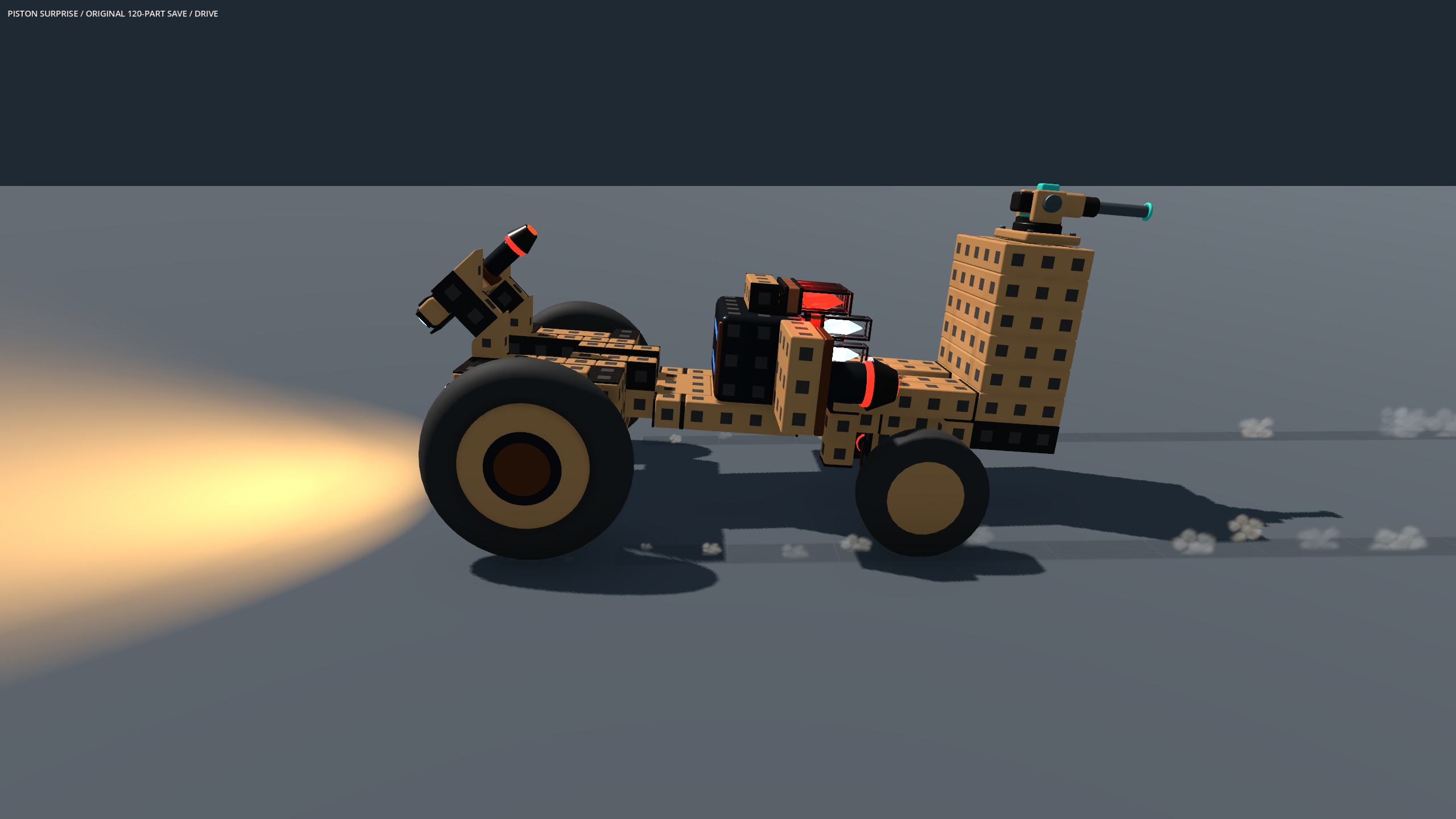 Piston Surprise, a real test build with oversized front wheels, pistons, offset thrusters, a tall rear tower, and a mounted cannon.