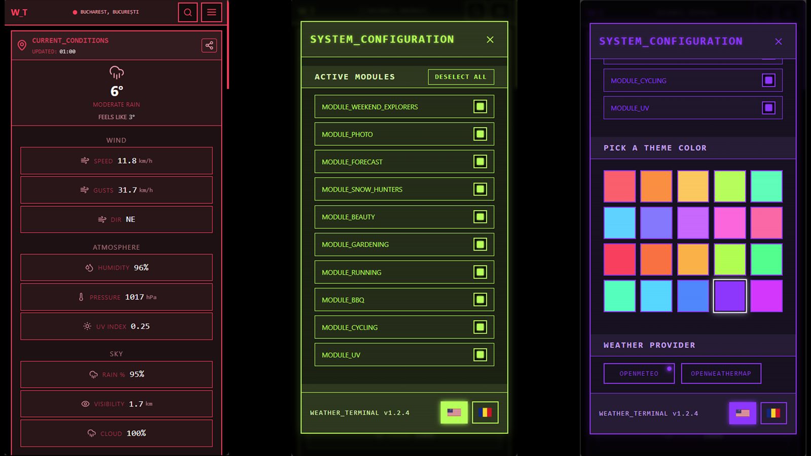Responsive Weather Terminal layouts across desktop, tablet and mobile screens.