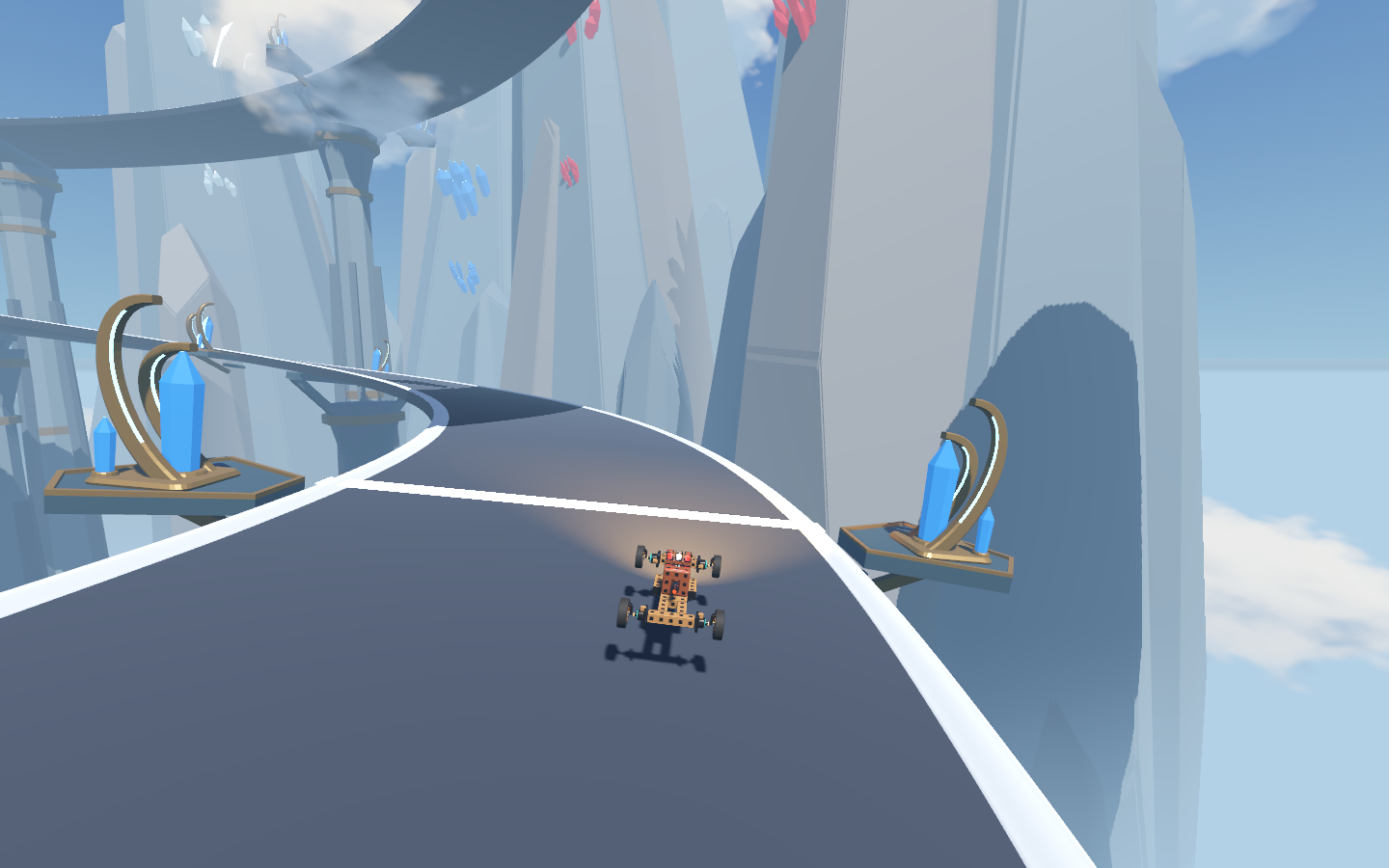A cart racing between rock spires and crystals on the Twin Spiral sky circuit.