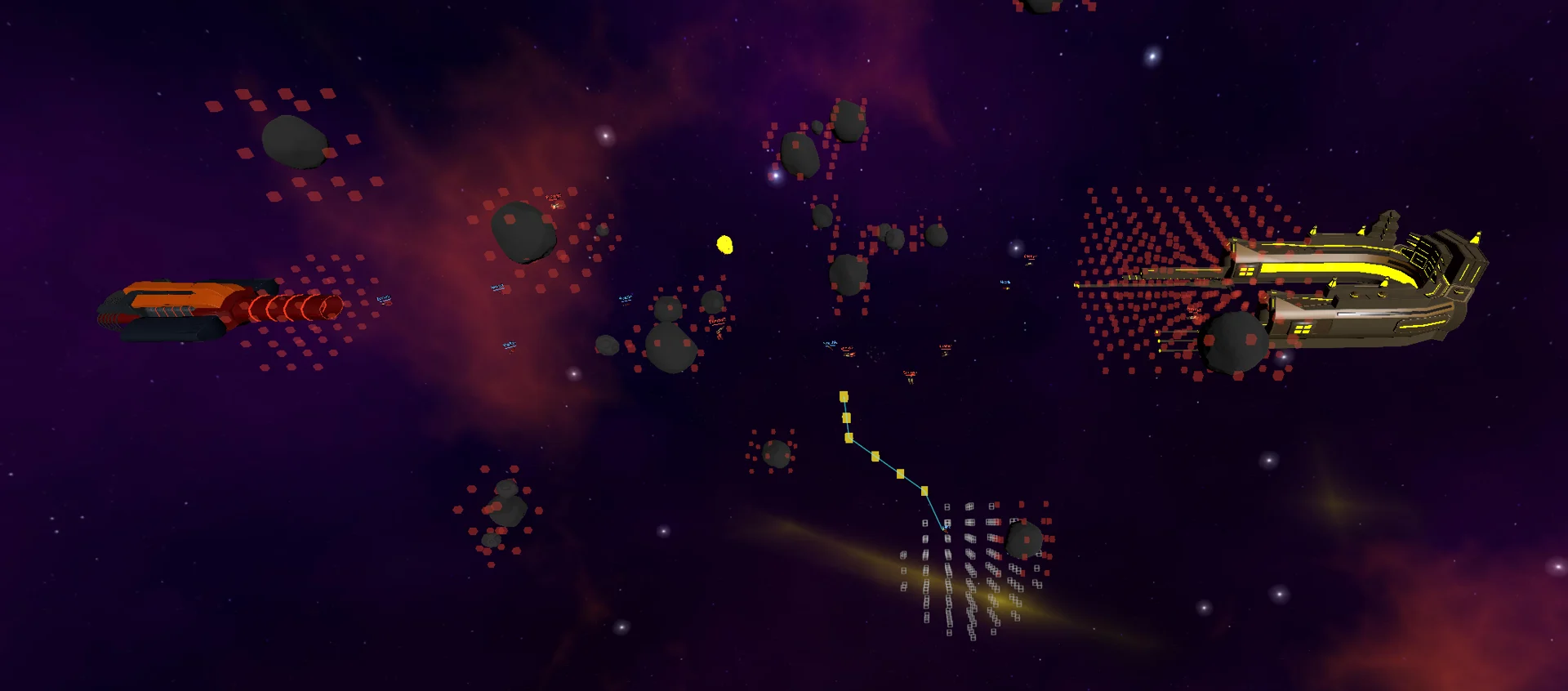 Space combat arena with blocked voxel cells, a selected navigation path and local sensing samples around a fighter.
